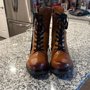 Brown Leather Lace-Up Combat Boots - Women